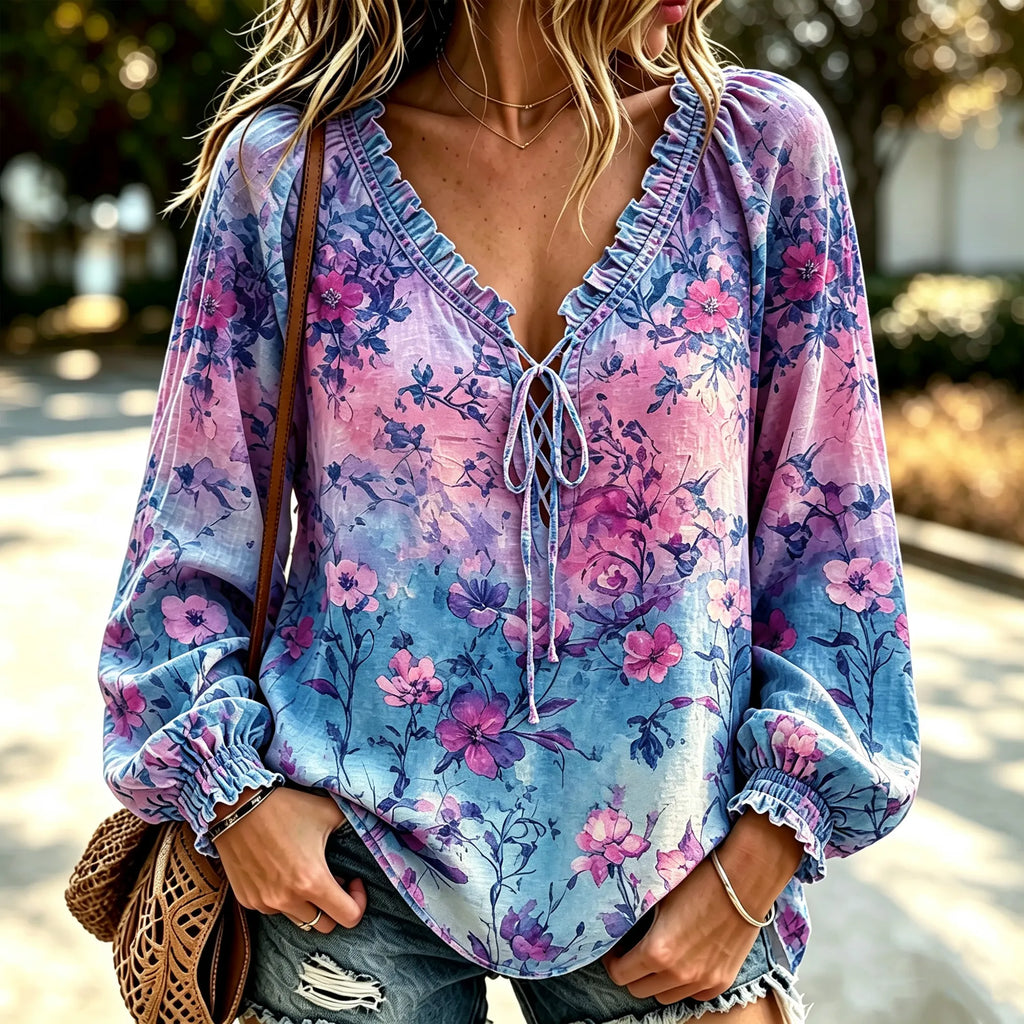Women's Bohemian Style Watercolor Purple Pink Blue Gradient Floral Print V-neck Tie Ruffle Top