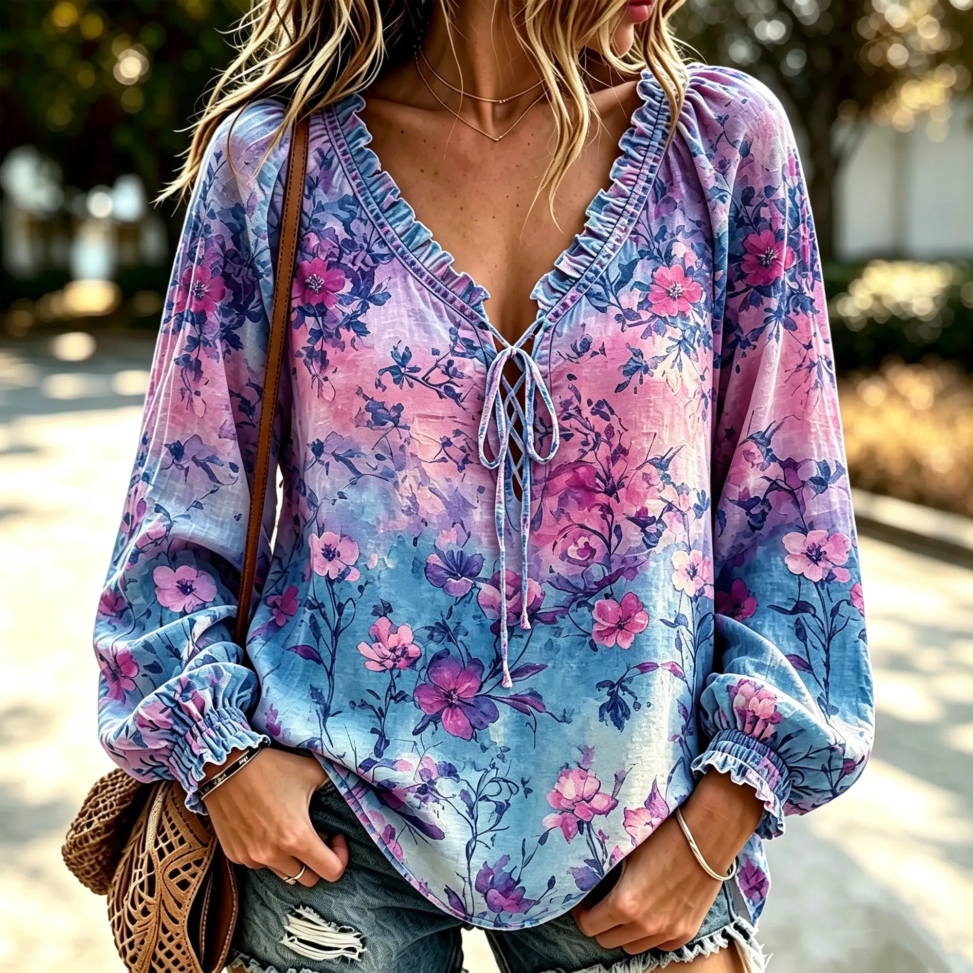 Women's Bohemian Style Watercolor Purple Pink Blue Gradient Floral Print V-neck Tie Ruffle Top