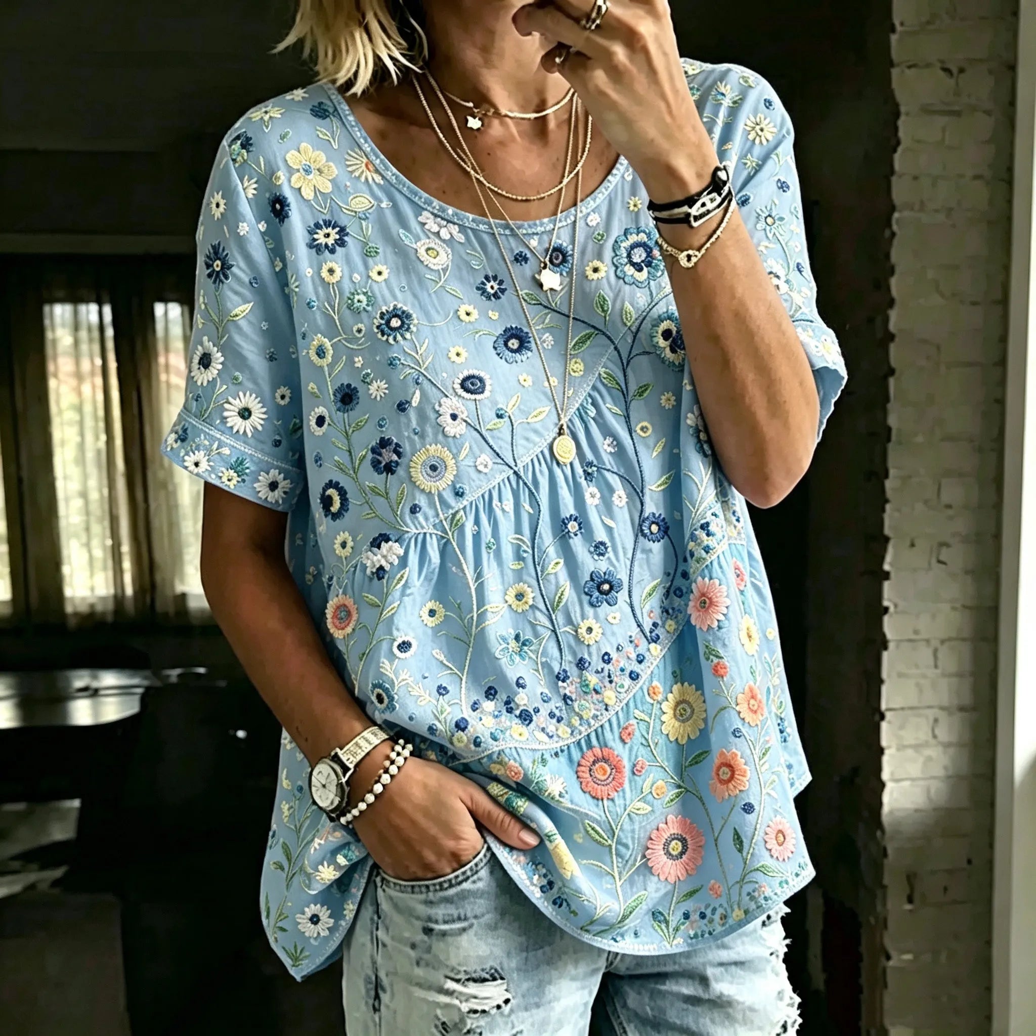 Women's Retro Bohemian Hippie Style Floral Embroidered Print Top