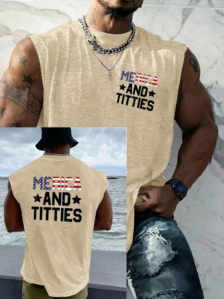 Merica And Titties Pattern Round Neck 100% Cotton Tank Top