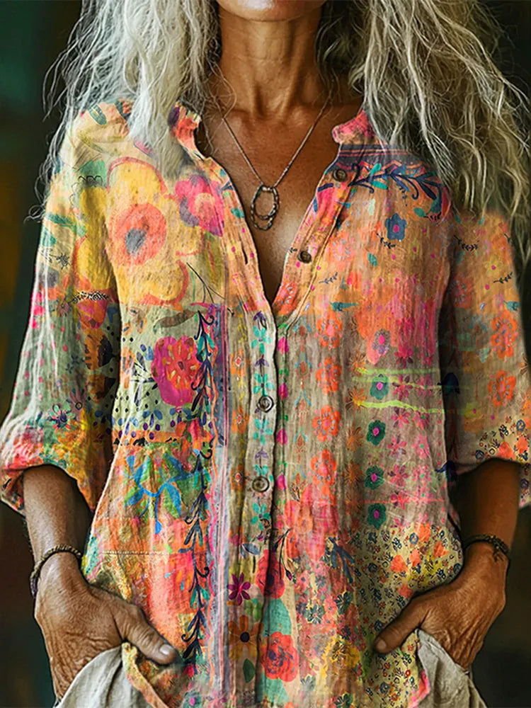 Women's Vintage Watercolor Flower Collage Art Print Casual Cotton And Linen Shirt