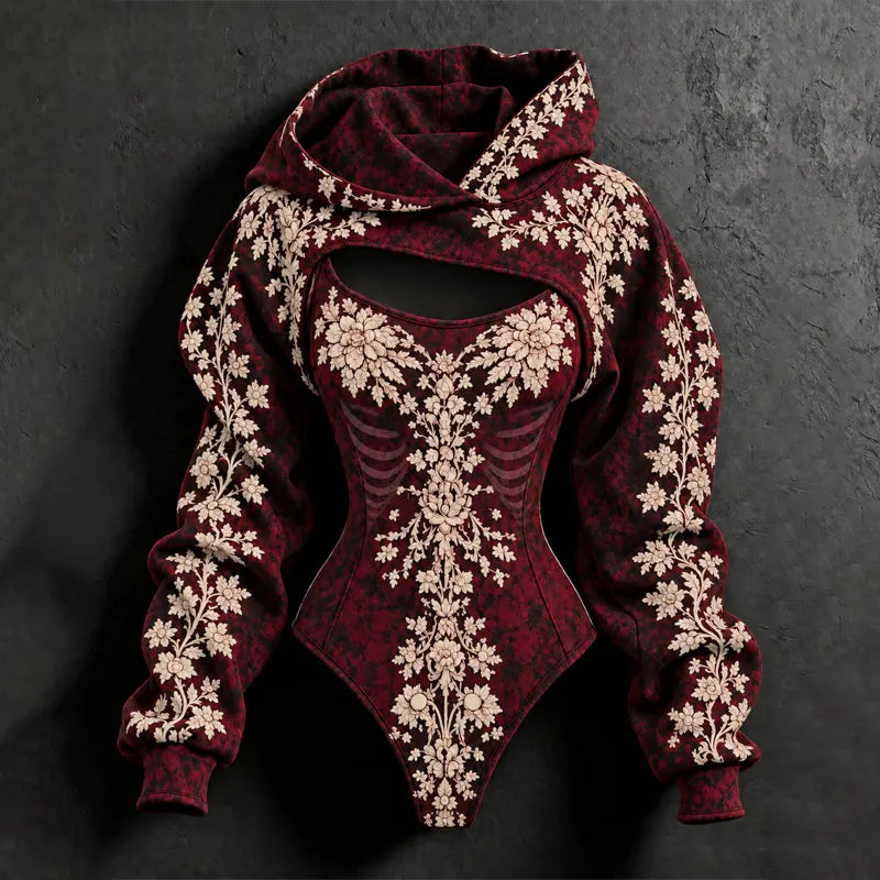 Women's Halloween Gothic Dark Floral Skull Print Hoodie Set Two-piece Outfit