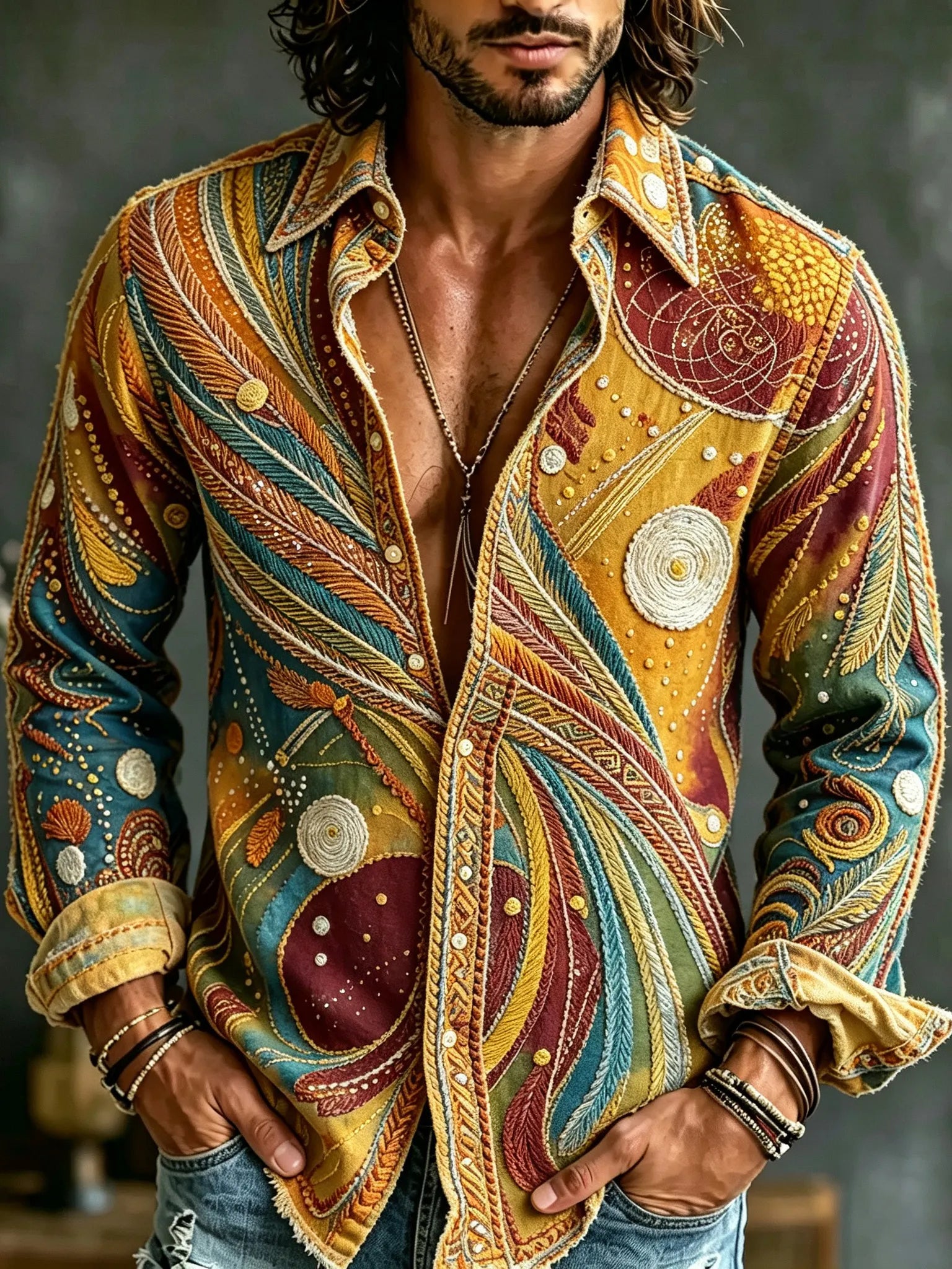 Men's Retro Hippie Style Feather Embroidered Linen Blend Casual Long-sleeved Shirt