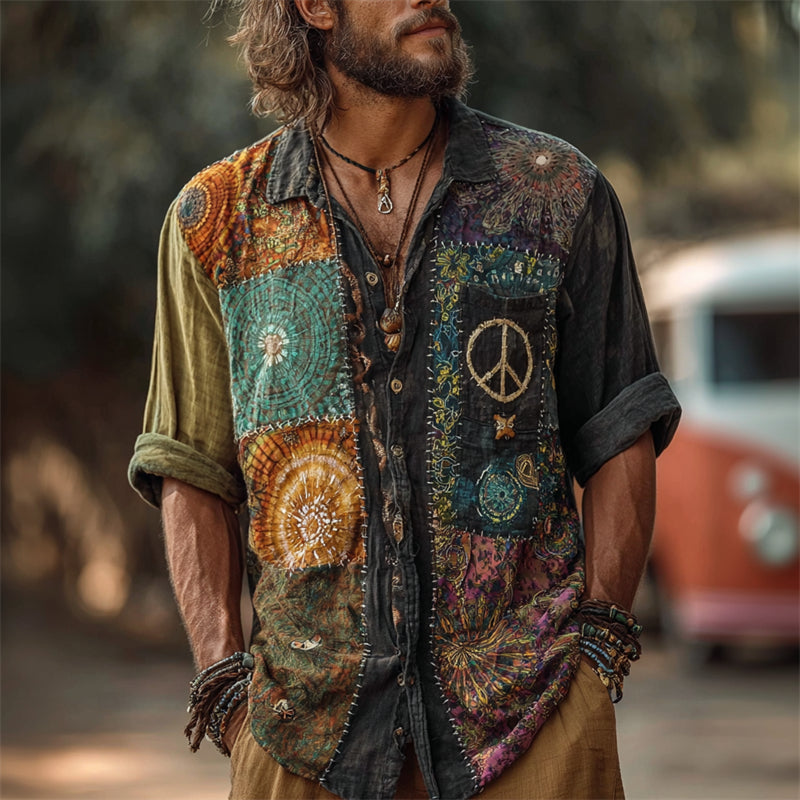 Men's Hippie Peace Sign Tie Dye Patchwork Linen Shirt