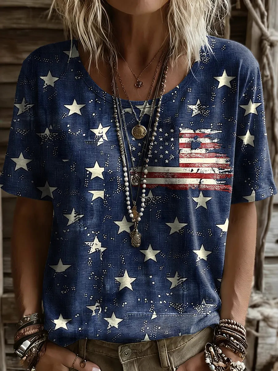 Women's Independence Day Star Print Art Crew Neck Short Sleeve T-Shirt