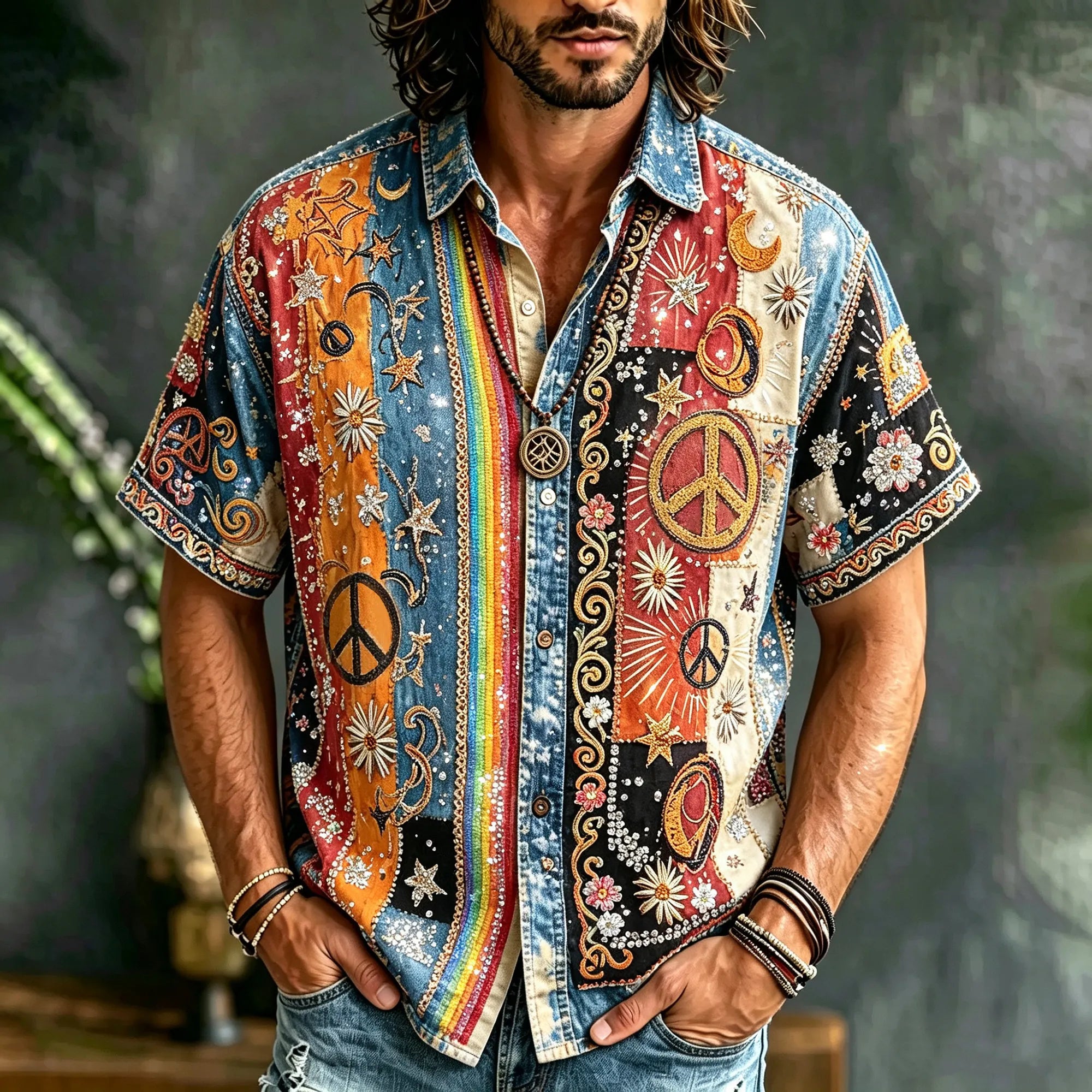 Vintage Bohemian Peace Sign Color Stripe Floral Embroidery Sparkle Rhinestone Casual Shirt