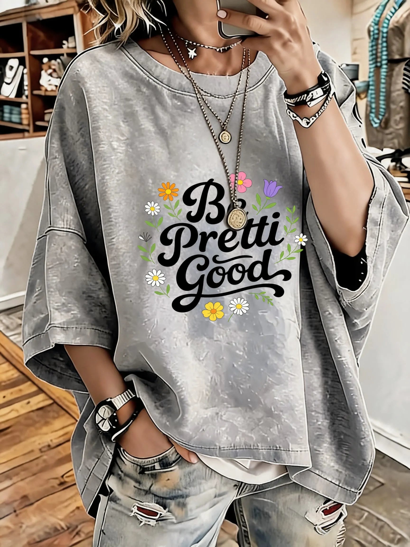 Women'S Vintage Distressed Washed Be Pretti Good Oversized T-Shirt