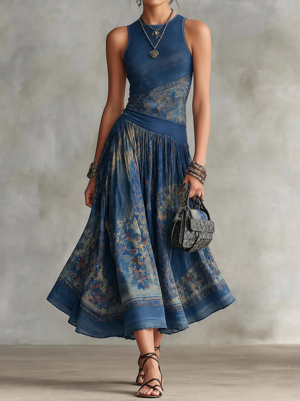 Elegant Retro Printed Sleeveless Tank Top Midi Dress