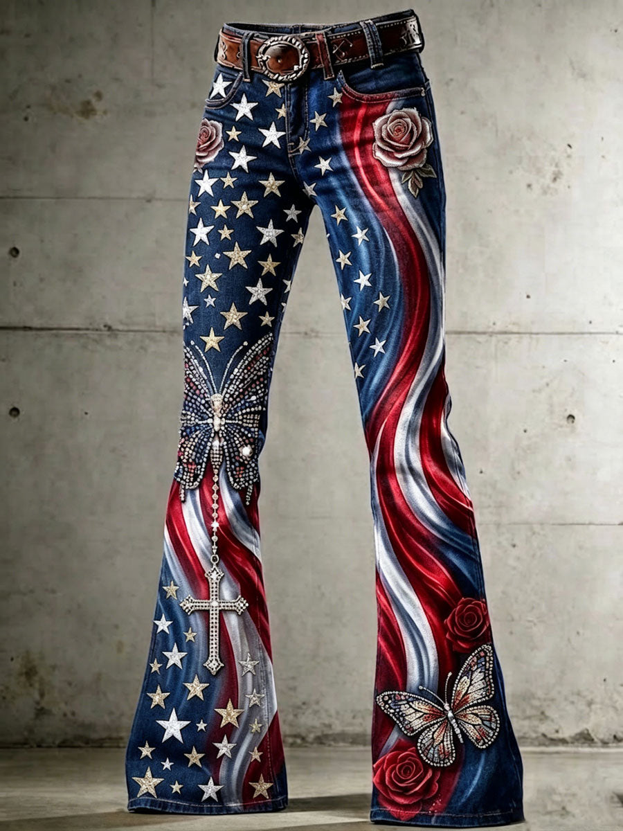 Women's High-Waisted Jeans with Cross, Flag, Butterfly, and Floral Patterns