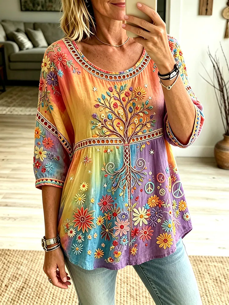 Women's Retro Hippie Life Of Tree Floral Embroidery Art Crew Neck Linen Blend T-shirt