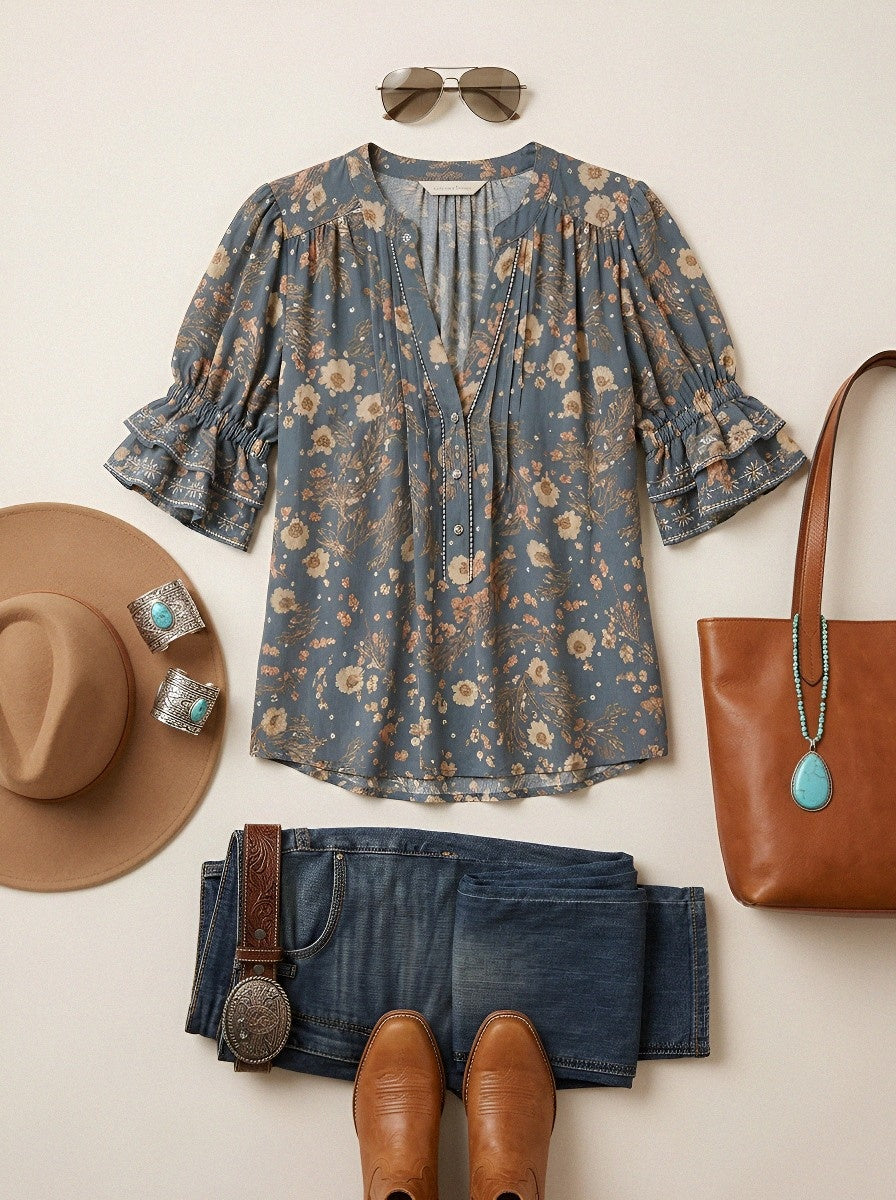 Women's Western Vintage Floral Ruffle Sleeve Printed Top