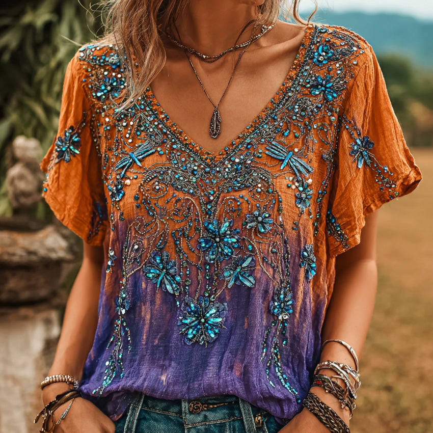 Women's Bohemian-style Floral Dragonfly Print V-neck Short-sleeved Top