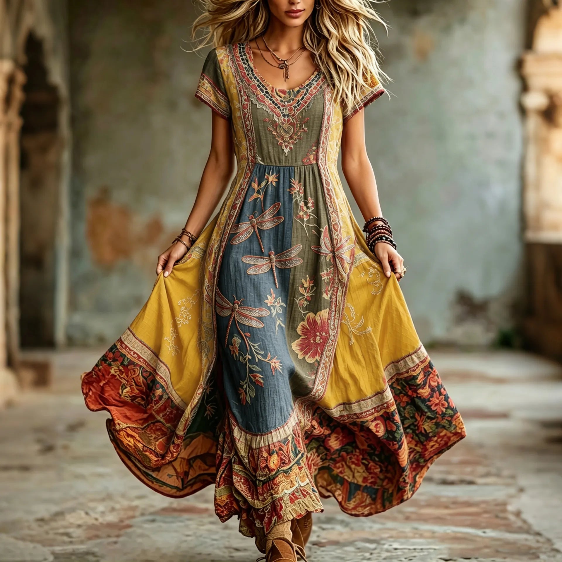 Women's Hippie Floral And Dragonfly Pattern Art Embroidered Linen Blend Maxi Dress