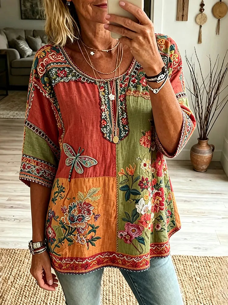 Women's Retro Floral And Dragonfly Hippie Vibes Art Print Flowy Linen Blend  Linen Tops