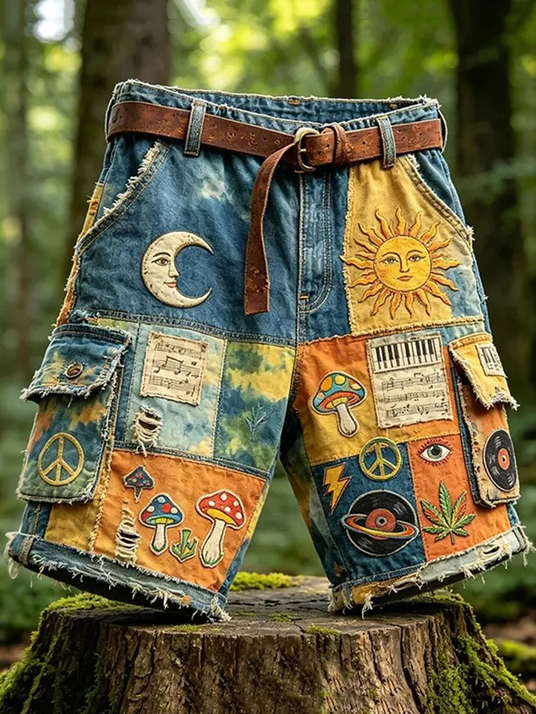 Men's Hippie Sun Moon Mushroom Music Note Patchwork Art Print Casual Shorts(no Belt)