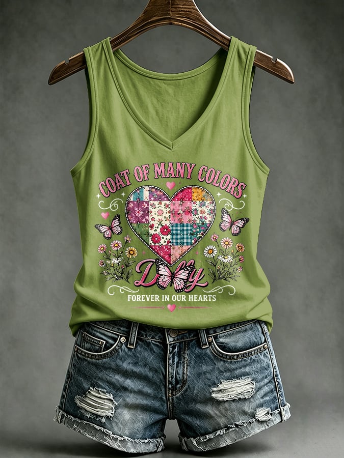V-Neck Retro Coat Of Many Colors Forever In Our Hearts Print Tank Top