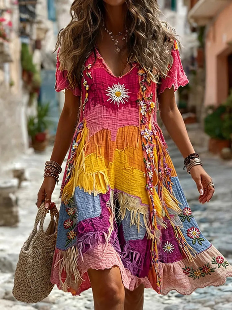 Women's Vintage Bohemian Floral Hippie Tie-dye Casual Dress