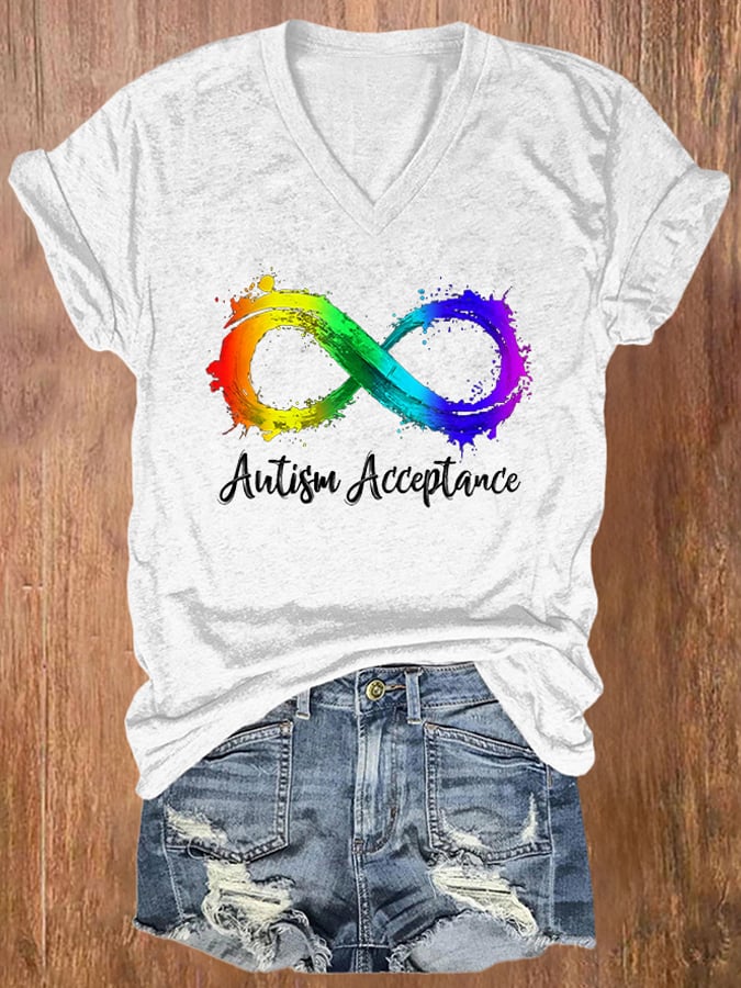 V-neck Retro Autism Awareness Infinity Autism Acceptance Print T-Shirt
