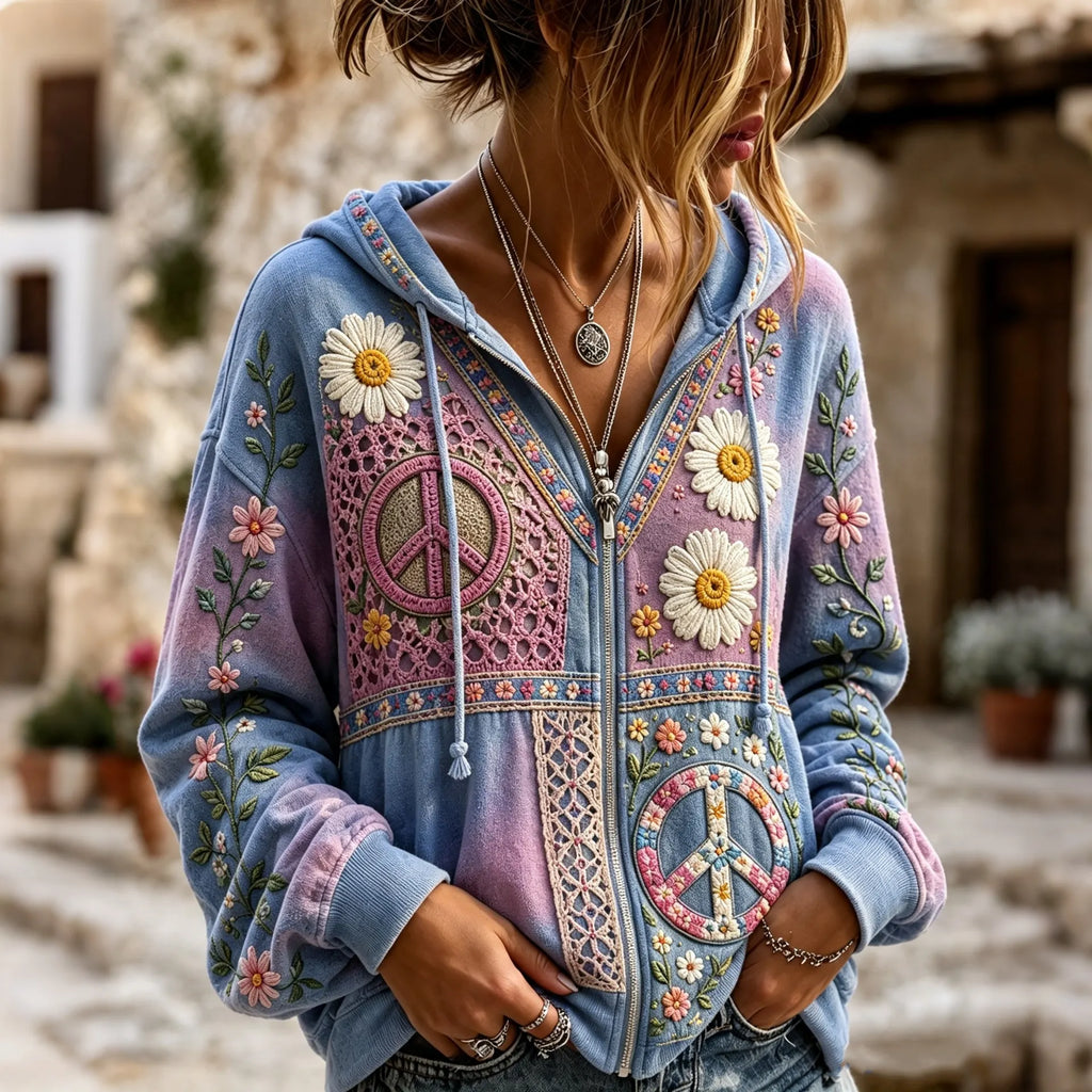 Women's Vintage Hippie Floral Patchwork Art Comfy Zipper Hoodie