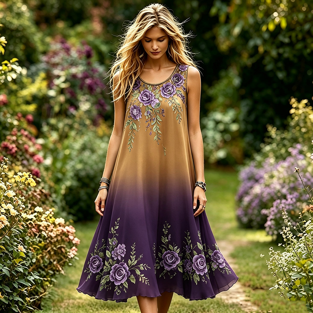 Women's Purple Rose Floral Gradient Pattern Casual Dress