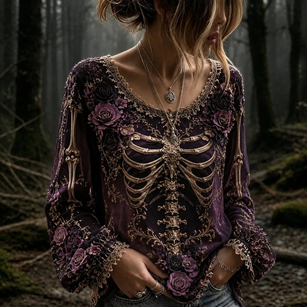 Women's Vintage Halloween Rose And Human Skeleton Art Graphic Long Sleeve T-shirt