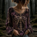 Women's Vintage Halloween Rose And Human Skeleton Art Graphic Long Sleeve T-shirt