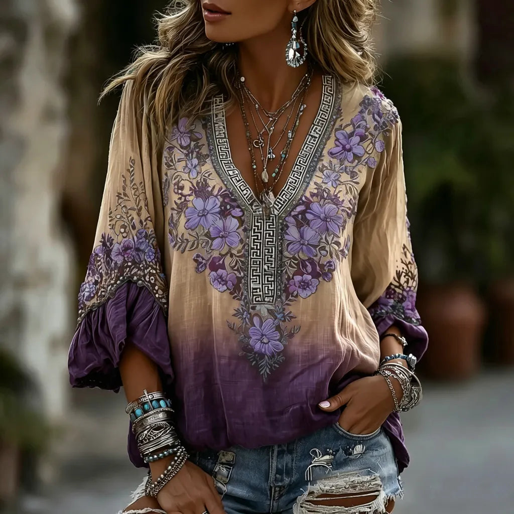 Classy Gradient Purple Lavender And Floral Art Linen Blend Loose Three-quarter Sleeve Shirt