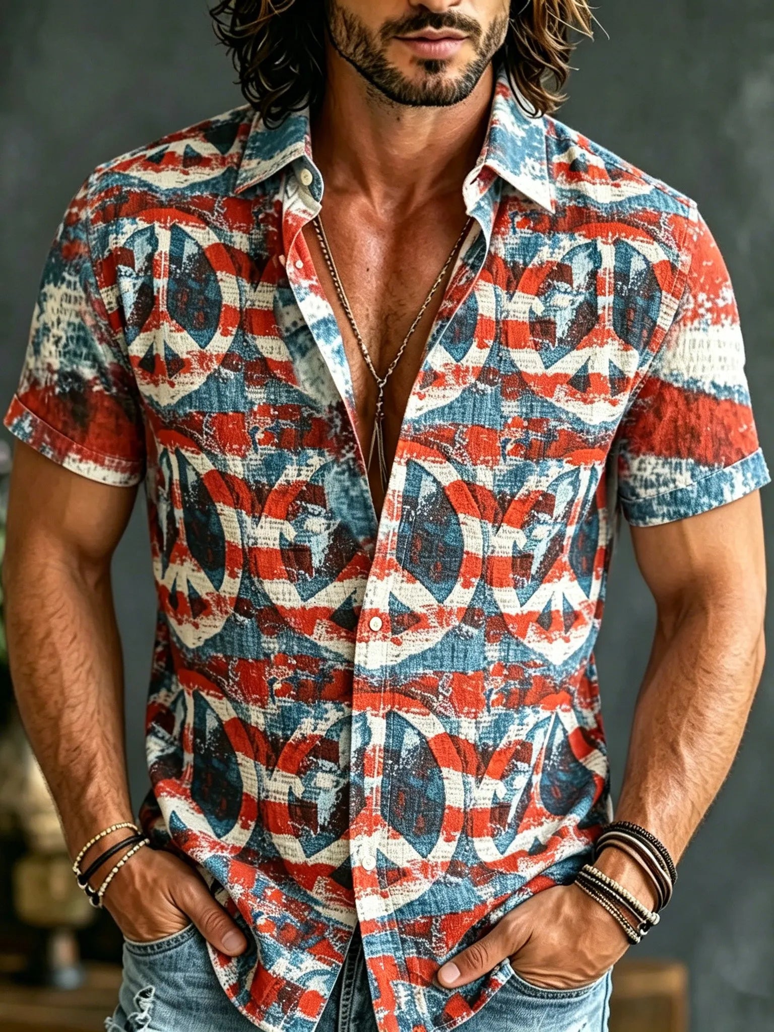 Men's American Flag Print Hippie Style Short-sleeved Shirt