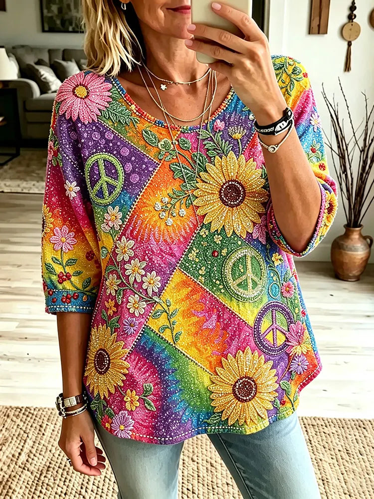 Women's Retro Hippie Floral Peace Symbol Embroidered Casual T-shirt