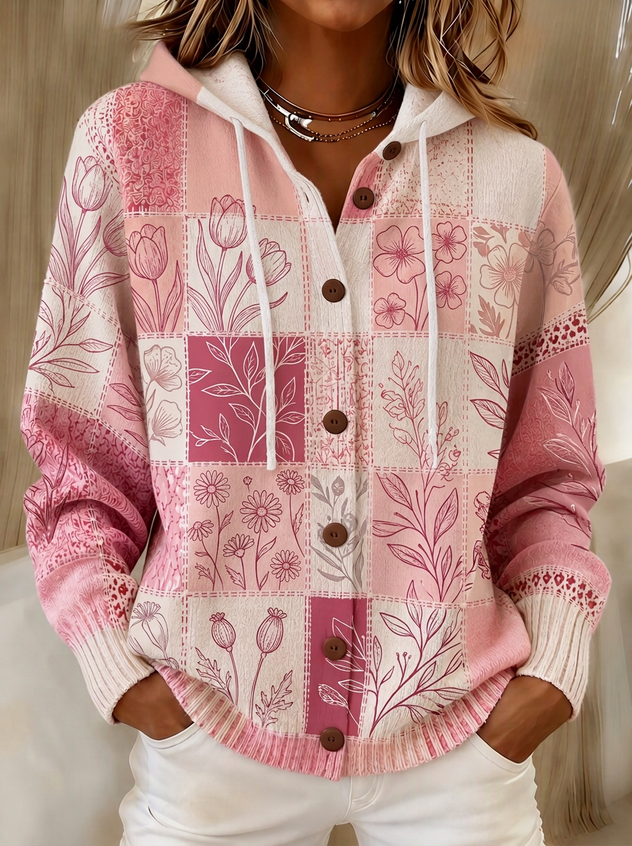 Women's Breast Cancer Awareness Pink Floral Patchwork Printed Cardigan