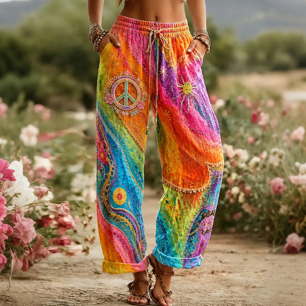 Women's Vintage Hippie Peace Floral Art Pattern Casual Linen Pants