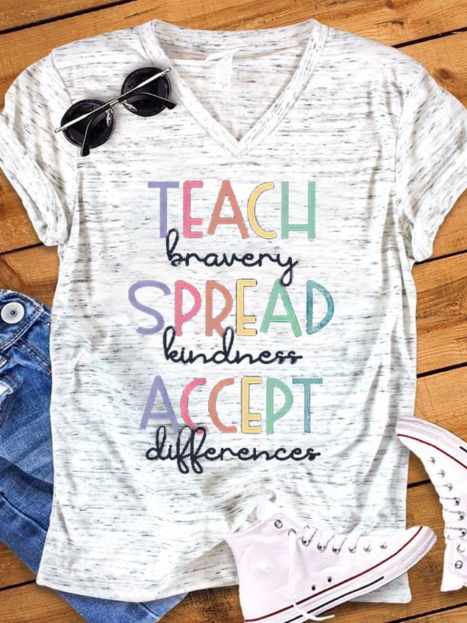 Women's Autism Awareness In April We Wear Blue Autism Month Printed Short Sleeve V-neck T-shirt