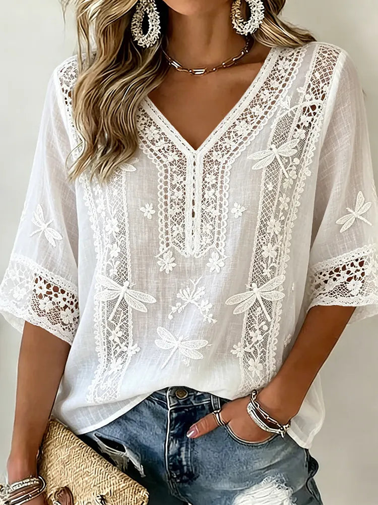 Women's Floral Dragonfly Lace Embroidery Casual Cotton Linen T-shirt