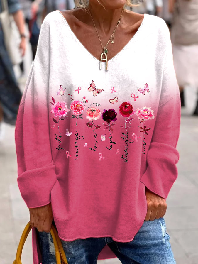 Women's Floral Breast Cancer Awareness Printed Long Sleeve V-Neck Top