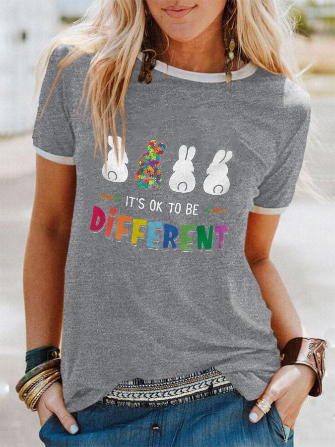 Autism Awareness Bunny It's Ok To Be Different Print Short-Sleeved T-Shirt