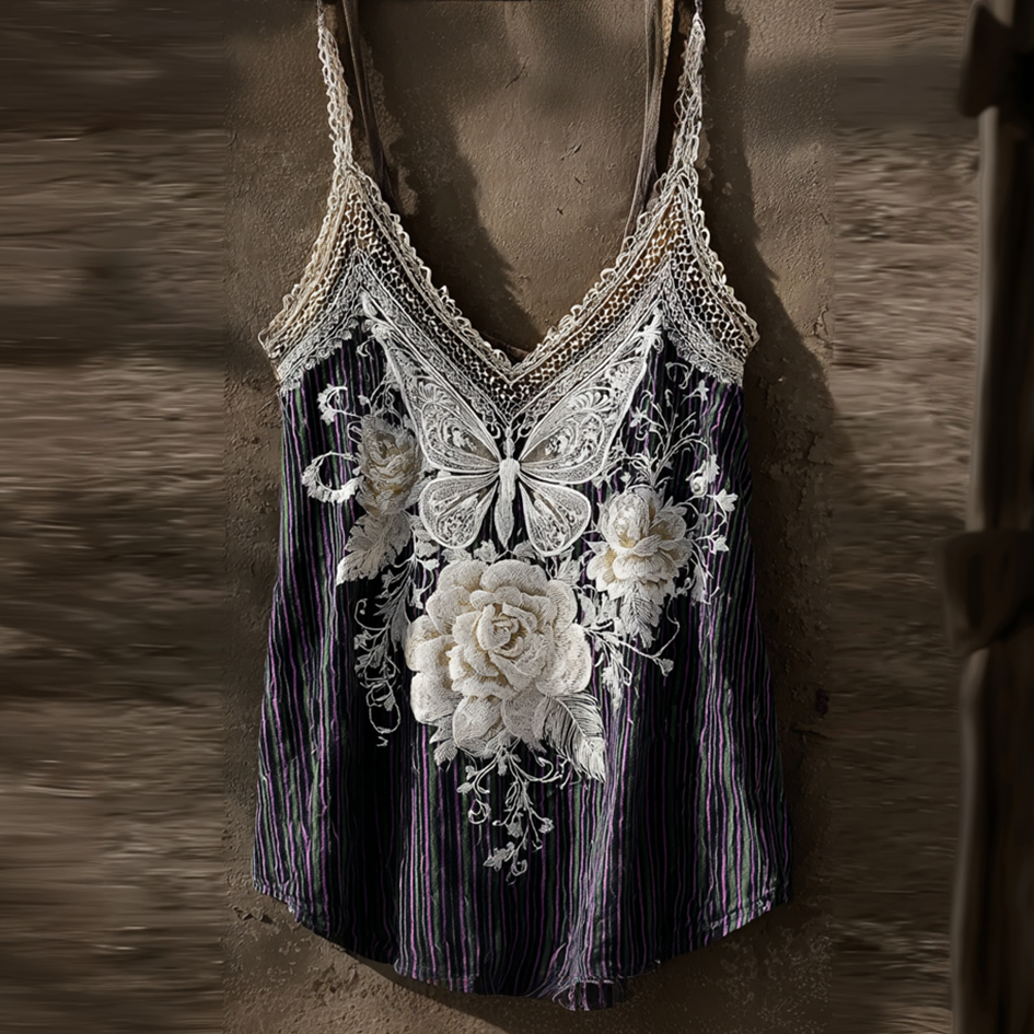 Butterfly Flower Lace Embroidery Patchwork Striped Design Women's Summer Linen Vest