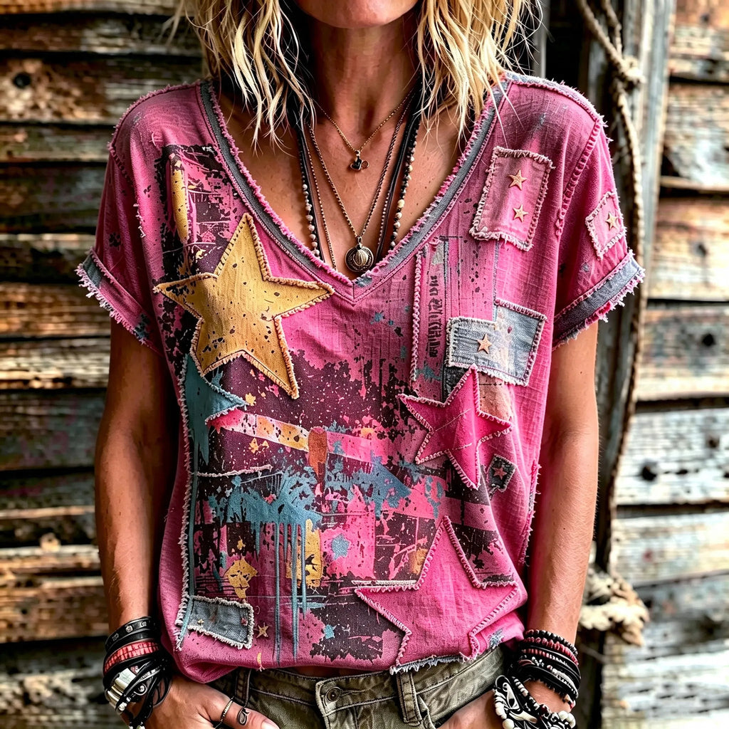 Women's Retro Hippie Style Patchwork Print Top