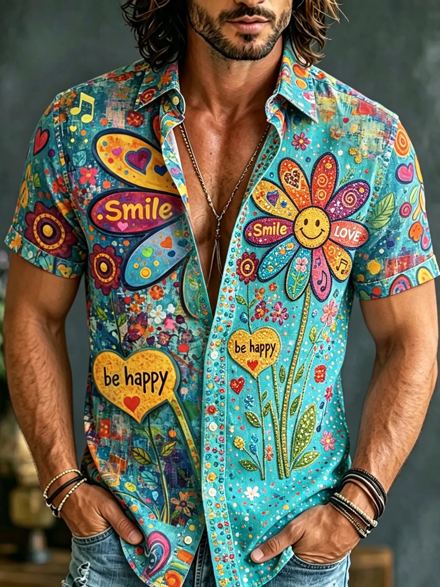 Men's Retro Bohemian Hippie Style Floral Sequin Embroidery Print Short-sleeve Shirt