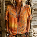 Women's Vintage Hippie Floral Dragonfly Art Linen Blend V Neck Short Sleeve Tops