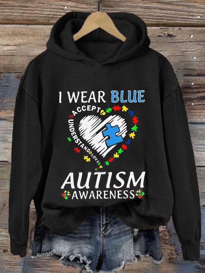 Women'S  I Wear Blue For Autism Awareness Print Casual Hoodie