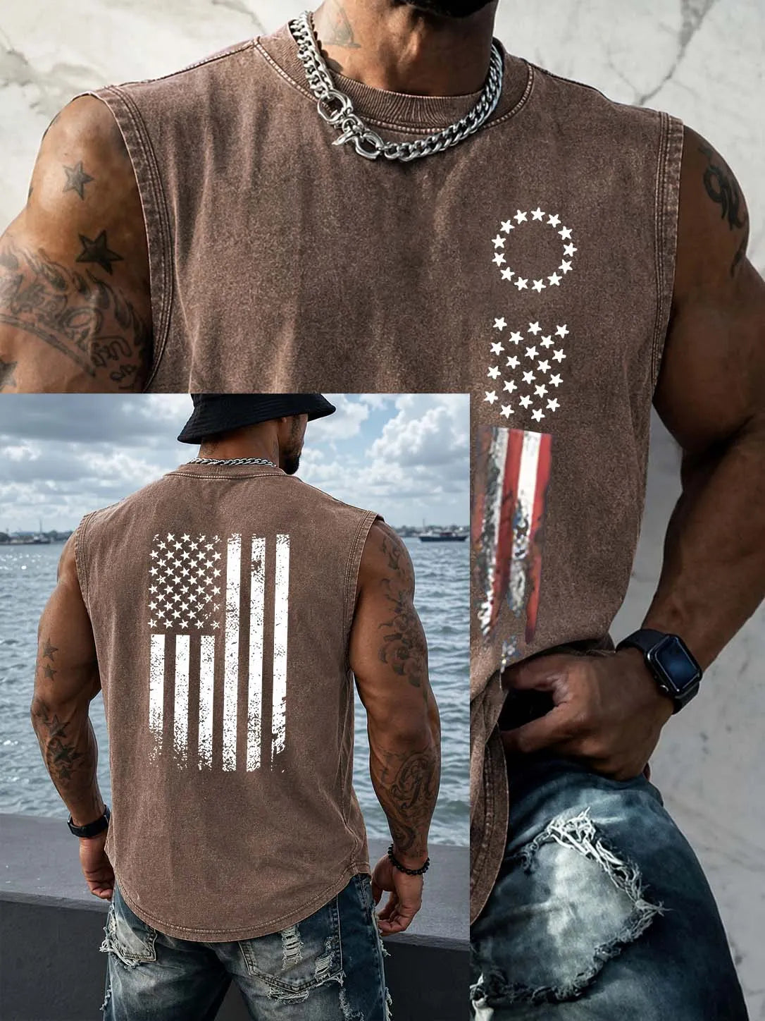 America Flag  Pattern Pattern Sleeveless 100% Cotton Washed Printed Loose Vest