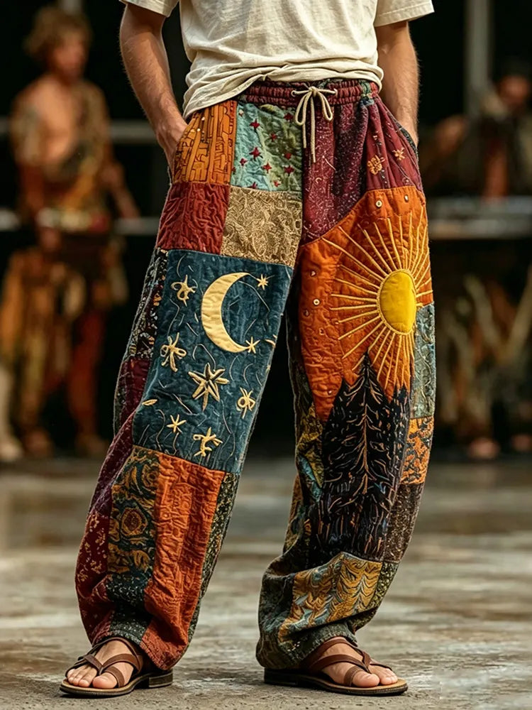 Men's Boho Sun And Moon Hippie Patchwork Art Print Loose Drawstring Waist Pants
