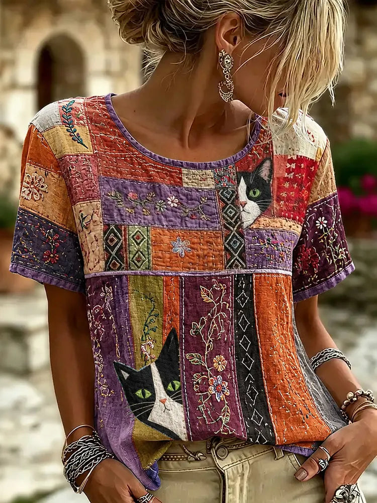 Women's Hippie Style Floral And Cat Face Embroidered Casual T-shirt