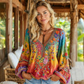 Women's Retro Hippie Style Floral Art Embroidery Cotton Linen V-neck T-shirt
