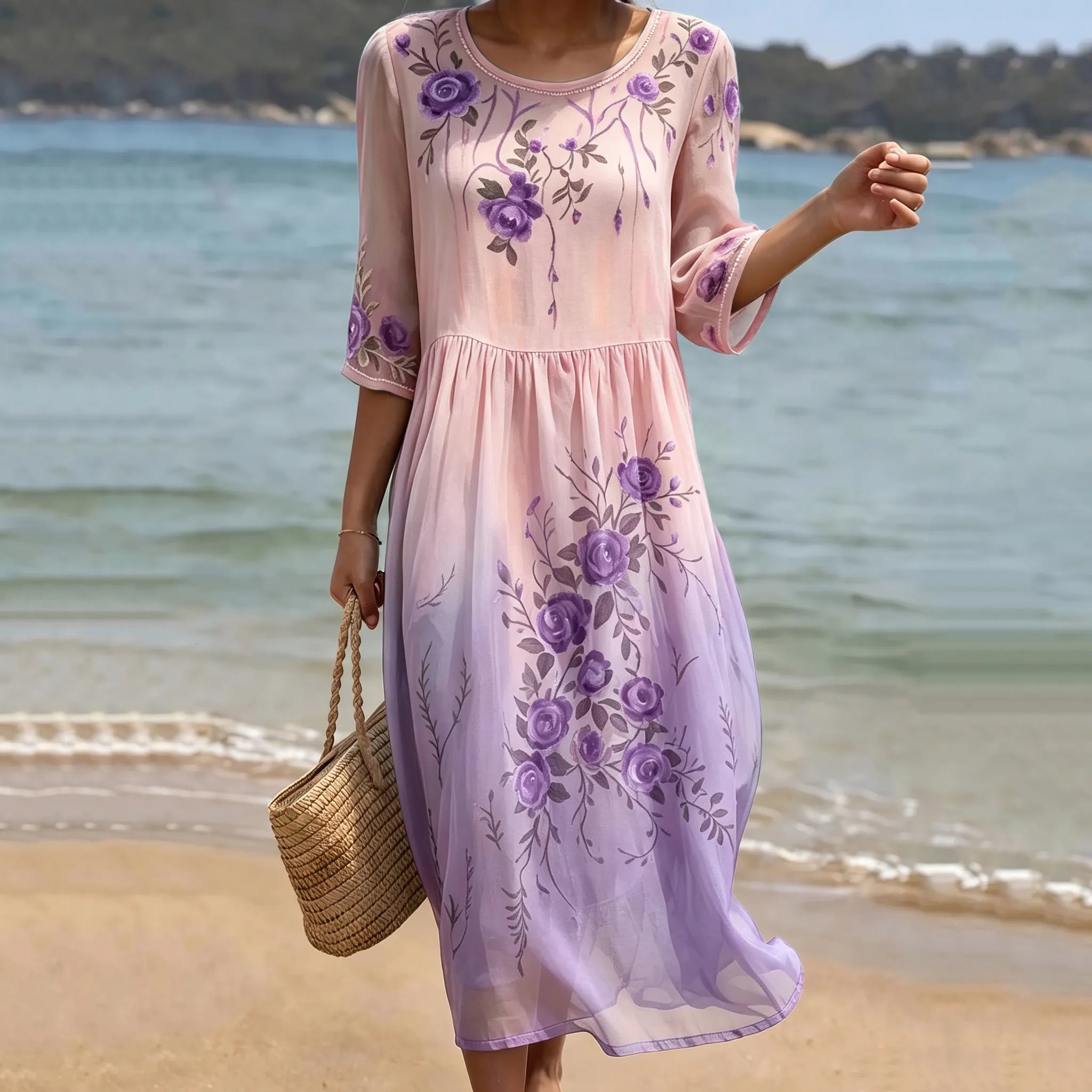 Women's Purple Rose Floral Gradient Pattern Mid-sleeve Casual Dress