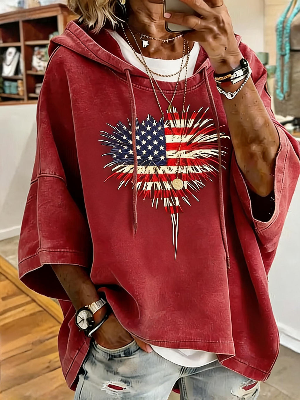 Patriotic Red American Stars And Stripes Fireworks Oversized Hoodie