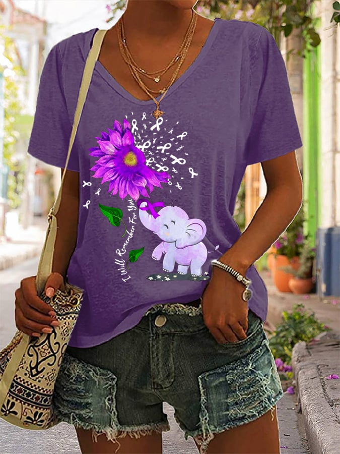 Women's I'll Remember For You Elephant Purple Ribbon Alzheimer's Awareness Fighter Supporter V-Neck Tee