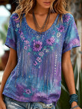 Women's Retro Bohemian Floral Print Cotton Linen T-shirt