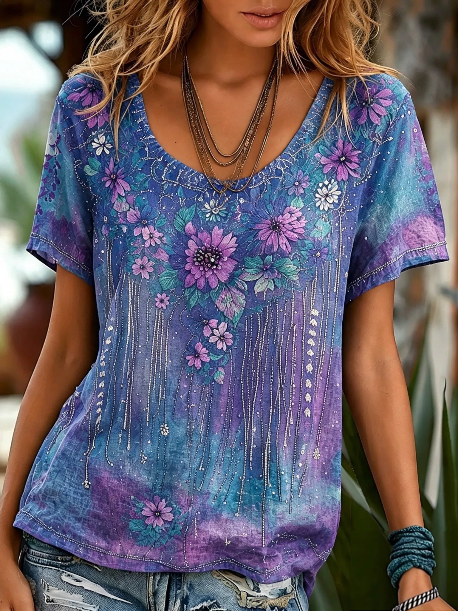 Women's Retro Bohemian Floral Print Cotton Linen T-shirt