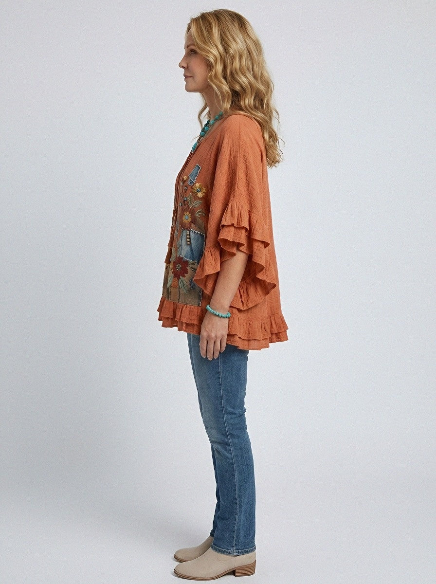 Women's Western Vintage Floral Denim Patchwork Printed Top
